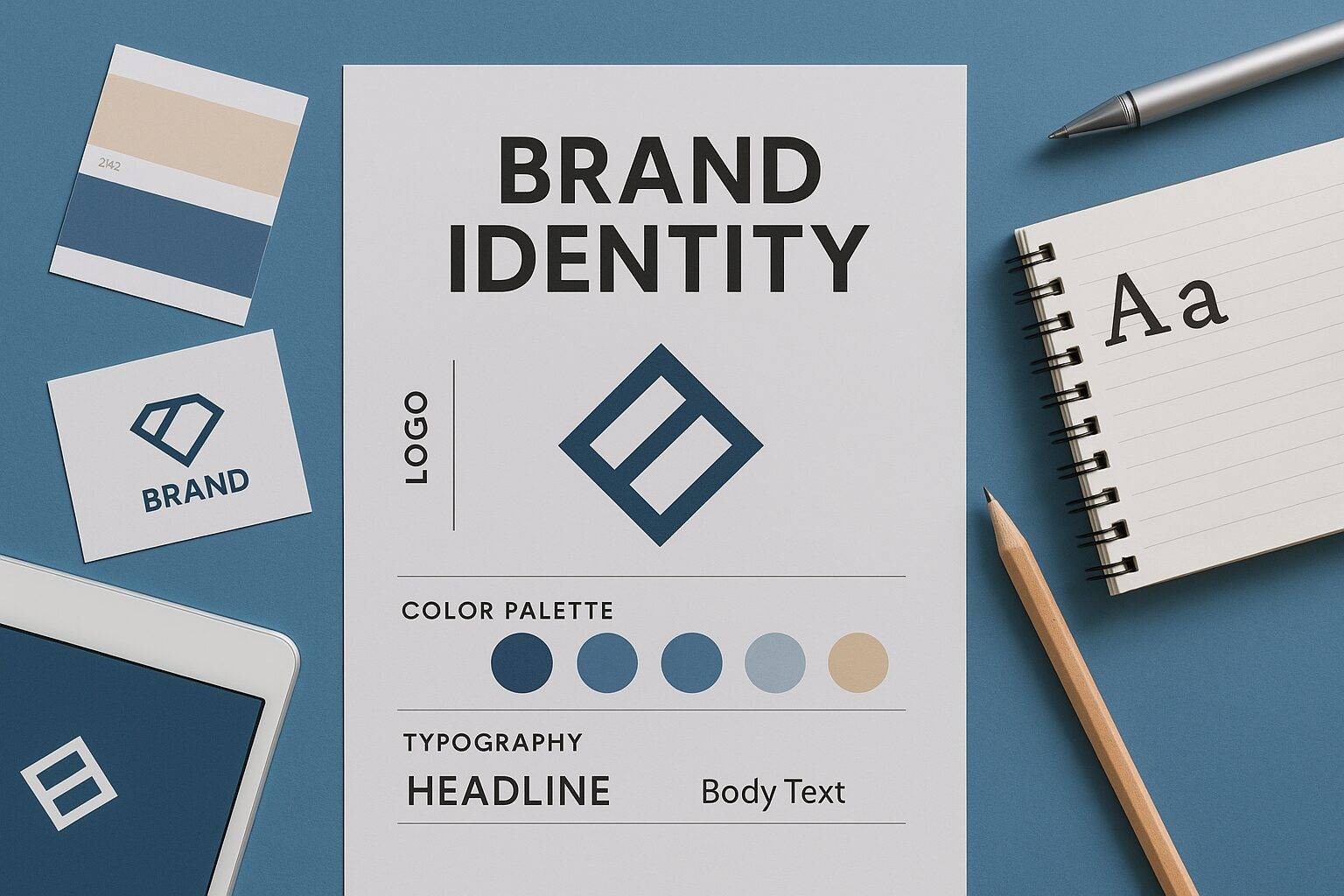 Flat lay of design elements showing logo, color palette, and typography on a desk representing brand identity.